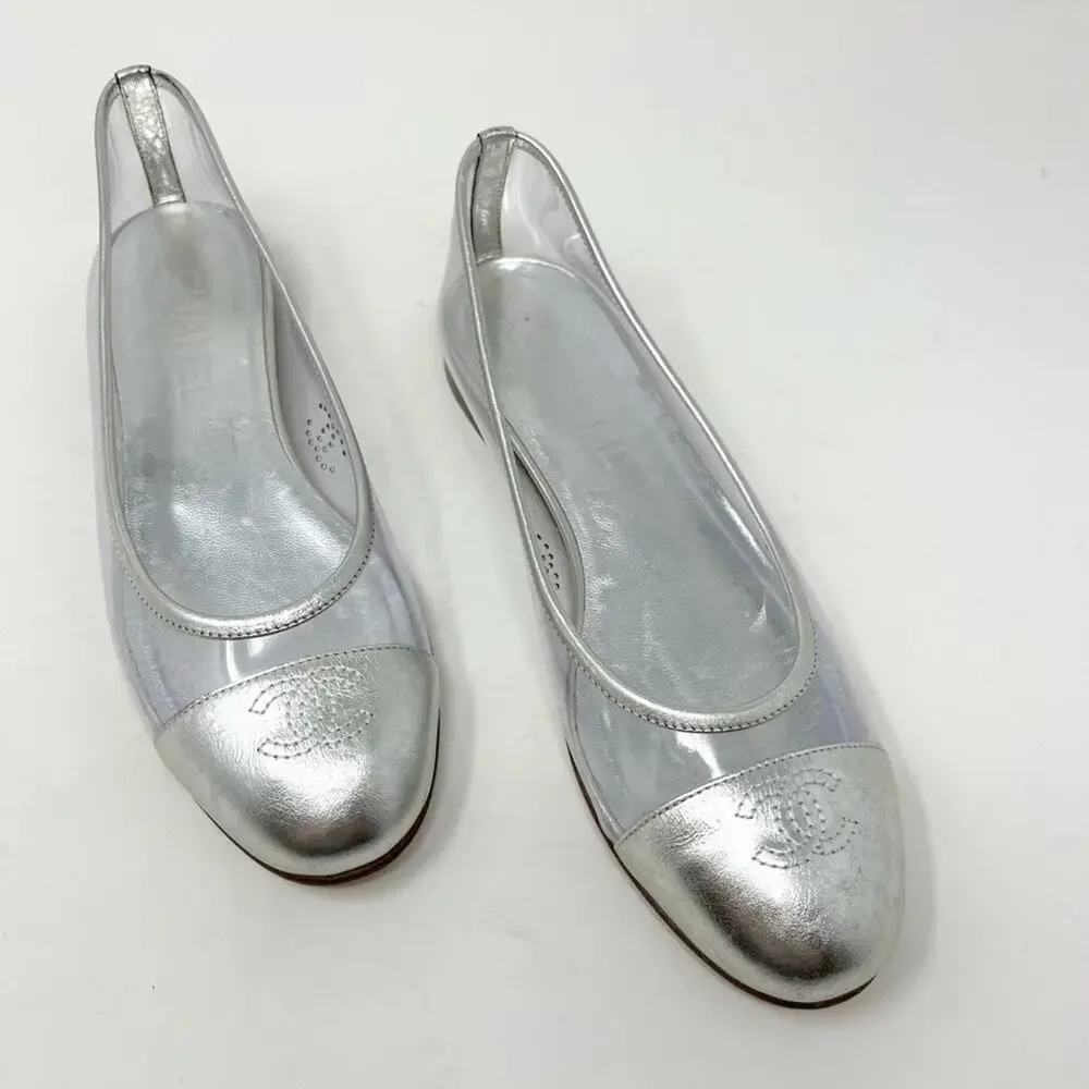 Chanel Interlocking CC Logo Silver Ballet Flat Cap Toe PVC Flat Size 36.5 EU